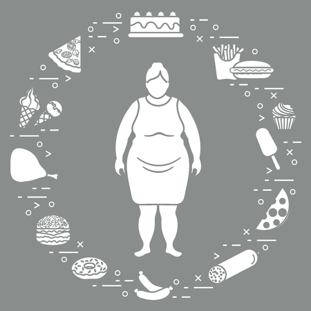 Fat woman with unhealthy lifestyle symbols around her. Harmful eating habits. Design for banner and print.のイラスト素材