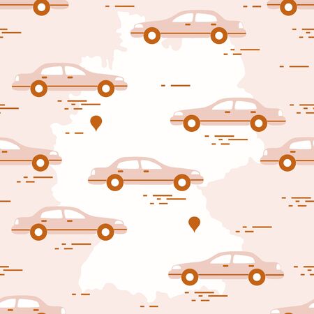 Pattern with cars and map of Germany. Travel and leisure. Design for announcement, advertisement, banner or print.のイラスト素材