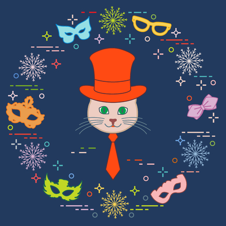 Muzzle of a cat in a cylinder hat and carnival masks, snowflakes, glasses, tie. Carnival festive concept. Costume for a party.のイラスト素材