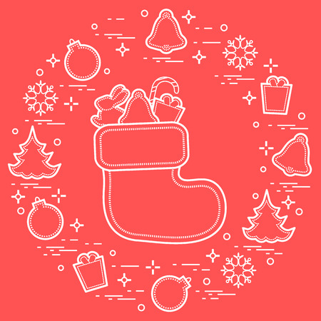 Christmas sock with gift. New Year and Christmas symbols. Winter holidays greeting card. Design for banner, poster or print.のイラスト素材