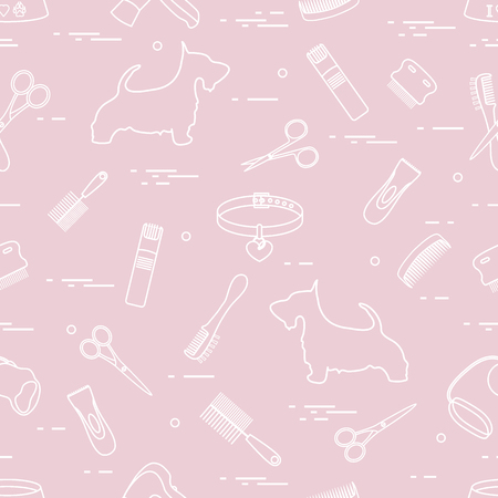 Pattern with dog, combs, collar, leash, razor, hair dryer, bowl, scissors. Health care, grooming, caring for a dog, exhibition.のイラスト素材