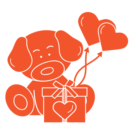 Cute puppy with gift, hearts and balloons. Greeting card Valentineâs Day. Design for banner, poster or print.のイラスト素材