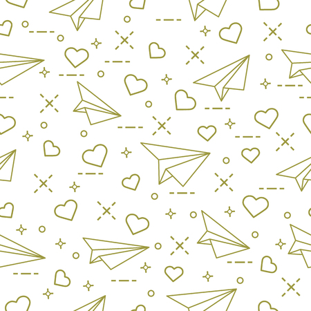 Cute seamless pattern with paper airplane and hearts. Template for design, fabric, print. Valentine's Day.のイラスト素材