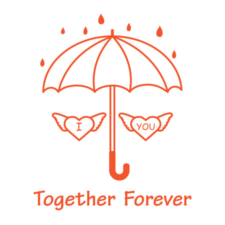 Two hearts with wings under an umbrella in the rain. Design for banner, poster or print. Greeting card Valentine's Day.のイラスト素材
