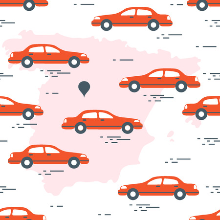 Pattern with cars and map of Spain. Travel and leisure. Design for announcement, advertisement, banner or print.のイラスト素材