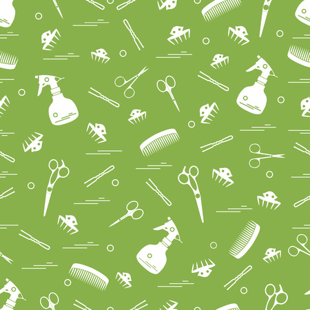 Cute pattern of scissors, combs, hairclip, hairpins and sprayer. For the provision of hairdressing services. Design element for banner, poster or print.のイラスト素材