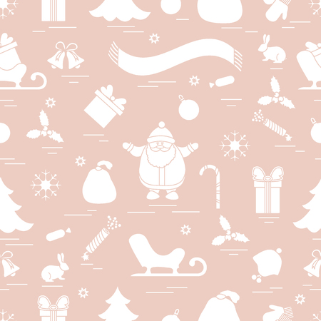 Winter seamless pattern with variety Christmas elements:  tree, balls, petard, scarf, Santa Claus, bell, gifts and other. Design for banner, flyer, poster or print.のイラスト素材