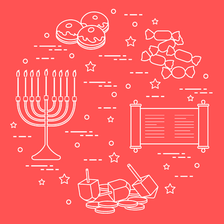 Jewish holiday Hanukkah: dreidel, sivivon, menorah, coins, donuts and other. Design for postcard, banner, poster or print.のイラスト素材
