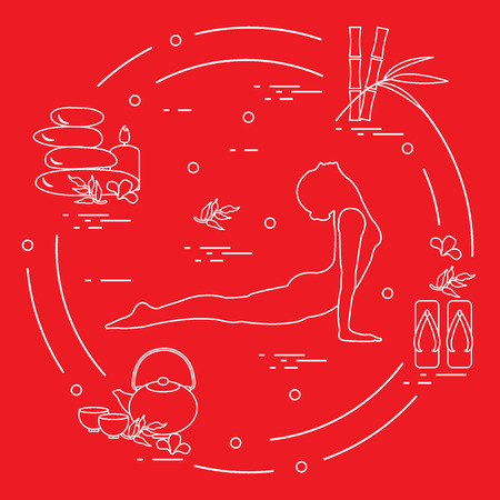 Woman yoga pose, bamboo and various tools for self-care, massage and relaxation. Healthy lifestyle. Design for banner and print.のイラスト素材