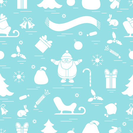 Winter seamless pattern with variety Christmas elements:  tree, balls, petard, scarf, Santa Claus, bell, gifts and other. Design for banner, flyer, poster or print.のイラスト素材