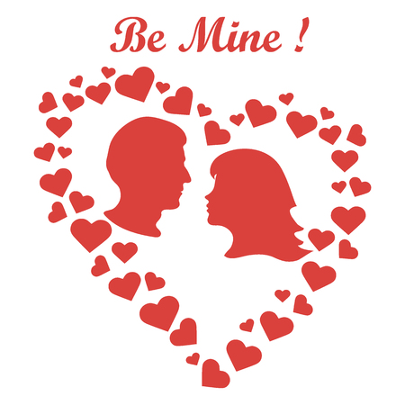 Heart composed of many hearts inside silhouettes of the heads of men and women and the words: Be Mine.のイラスト素材