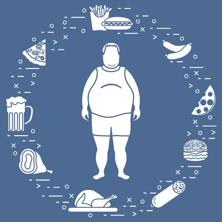 Fat man with unhealthy lifestyle symbols around him.のイラスト素材
