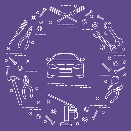 Repair cars: automobile, wrenches, screws, key, pliers, jack, hammer, screwdriver. Design for announcement, advertisement, banner or print.のイラスト素材