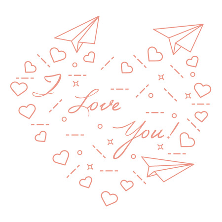 Paper airplane, hearts and inscription i love you. Template for design, fabric, print. Valentine's Day.のイラスト素材