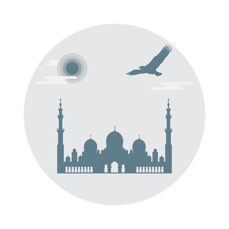 United Arab Emirates symbols. Sheikh Zayed Mosque silhouette and soaring falcon. Abu dhabi. Design for banner, poster or print.のイラスト素材