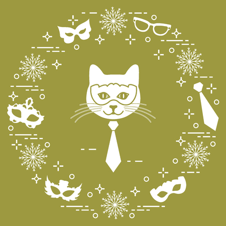 Muzzle of cat and carnival masks, snowflakes, glasses, tie. Carnival festive concept costume for party.のイラスト素材