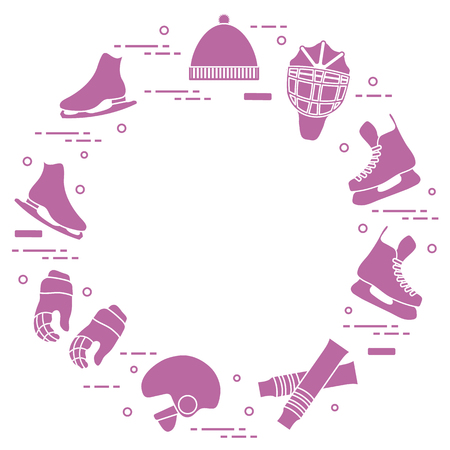 Skates, gloves, hat, goalkeeper's mask and helmet, leggings. Winter sports elements.のイラスト素材