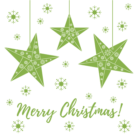 Vector illustration with snowflakes and three stars origami folded and hanging on the ropes. Design for banner, flyer, poster or print.のイラスト素材