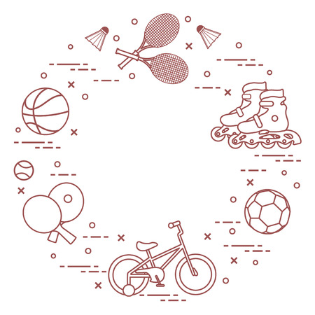 Badminton rackets and shuttlecocks, football and basketball balls, rackets and balls for table tennis, kids bicycle, rollers. Sports and healthy lifestyle from childhood.のイラスト素材