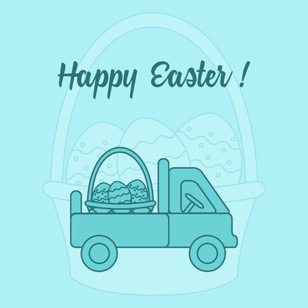 Easter symbols. Truck carrying a basket of decorated eggs on the background of a basket with an egg. Design for banner, poster or print.のイラスト素材