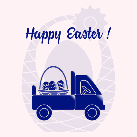 Easter symbols. Truck carrying a basket of decorated eggs on the background of a basket with an egg. Design for banner, poster or print.のイラスト素材