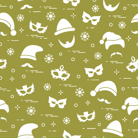 Seamless pattern of different carnival decorations: masks, Christmas hats, mustache, beard. Carnival festive concept. Costume for a party.のイラスト素材