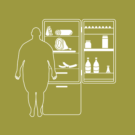 Fat man stands at the fridge full of food. Harmful eating habits. Design for banner and print.のイラスト素材
