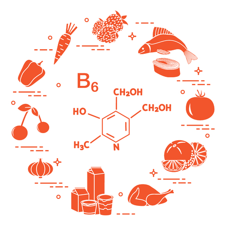 Foods rich in vitamin B6. Carrot, strawberry, fish, tomato, orange, chicken, milk, dairy products, yogurt, garlic, cherries, peppers.のイラスト素材