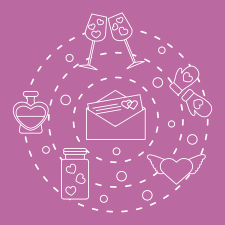 Romantic symbols arranged in a circle. Stemware, envelope with letter, hearts, mittens, heart with wings, jar, perfume bottle. Valentine's day.のイラスト素材