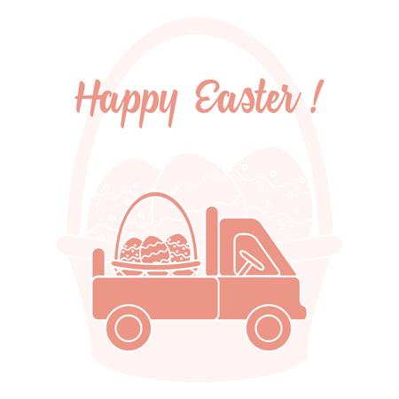 Easter symbols. Truck carrying a basket of decorated eggs on the background of a basket with an egg. Design for banner, poster or print.のイラスト素材