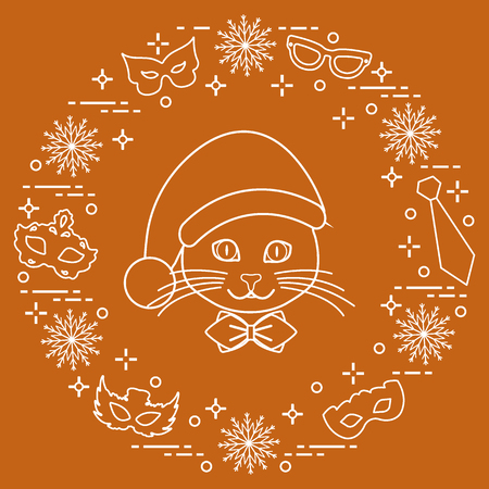 Muzzle of a cat in a Christmas hat and carnival masks, snowflakes, glasses, tie. Carnival festive concept. Costume for a party.のイラスト素材