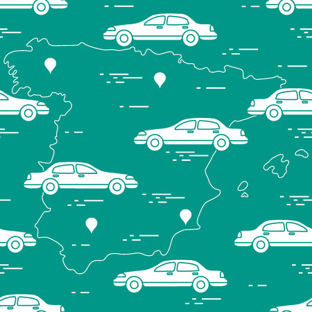 Pattern with cars and map of Spain. Travel and leisure. Design for announcement, advertisement, banner or print.のイラスト素材