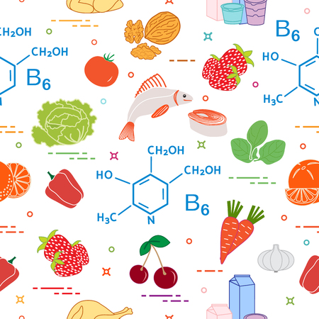Seamless pattern with foods rich in vitamin B6 with Strawberry, orange, chicken, milk, dairy products, yogurt, cherries, fish, tomato, garlic, walnuts, carrots, spinach, cabbage, pepper.のイラスト素材