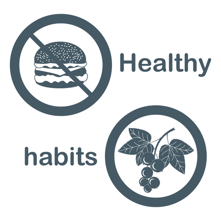Useful and harmful food icons. Cheeseburger and black currant. Vector illustration.のイラスト素材
