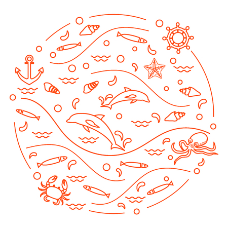 Cute vector illustration with dolphins, octopus, fish, anchor, helm, waves, seashells, starfish, crab arranged in a circle. Design for banner, poster or print.のイラスト素材