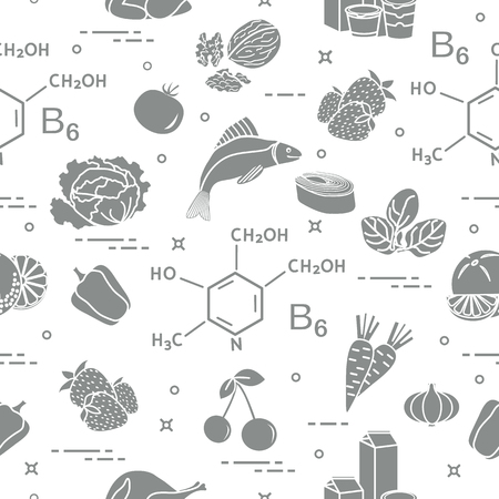 Seamless pattern with foods rich in vitamin B6. Strawberry, orange, chicken, milk, dairy products, yogurt, cherries, fish, tomato, garlic, walnuts, carrots, spinach, cabbage, pepper.のイラスト素材