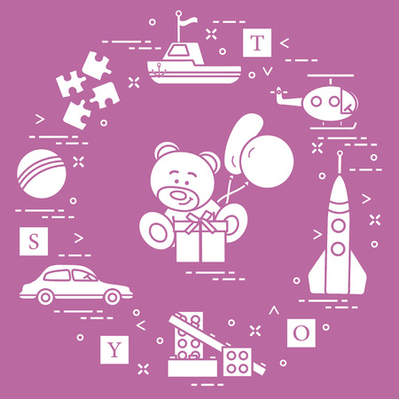 Children's toys: car, bear, ship, helicopter, rocket, designer, ball, puzzle, cubes, gift, balloons. Design for poster or print.のイラスト素材