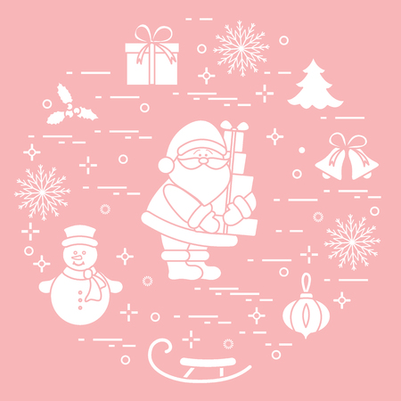 Santa Claus with presents and other New Year and Christmas symbols. Winter elements made in line style.のイラスト素材