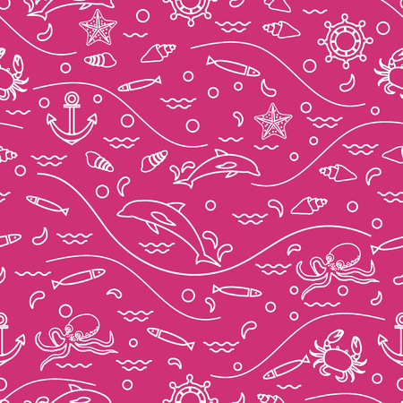 Cute seamless pattern with dolphins, octopus, fish, anchor, helm, waves, seashells, starfish, crab. Design for banner, poster or print.のイラスト素材