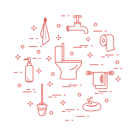Toilet bowl, toilet paper, soap dispenser, brush for toilet bowl, soap, towels, faucet, towel hooks. Design for poster or print. Vector illustration.のイラスト素材