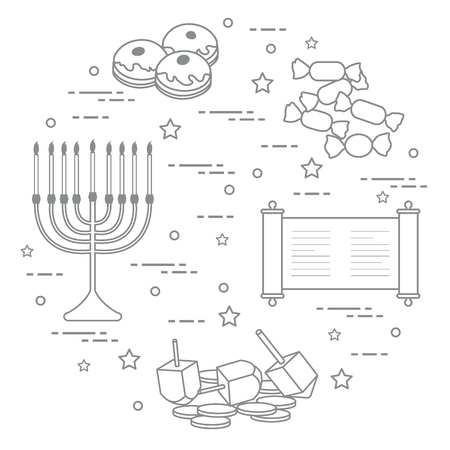 Jewish holiday Hanukkah: dreidel, sivivon, menorah, coins, donuts and other. Design for postcard, banner, poster or print. Vector illustration.のイラスト素材
