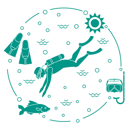 Mask, snorkel, flippers, sun, fish, scuba diver. Sports and recreation theme. Design for banner, poster or print.のイラスト素材