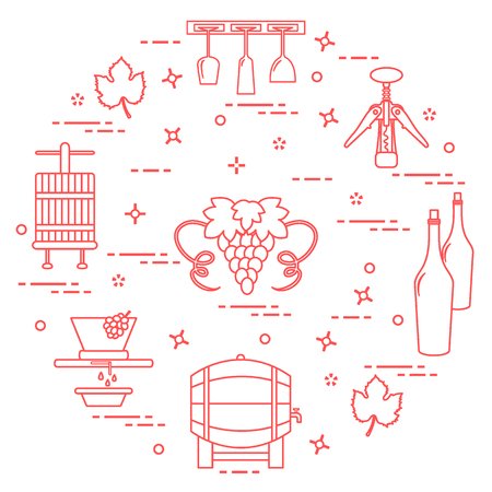 Wine making: the production and storage of wine. Culture of drinking wine. Design for announcement, advertisement, print.のイラスト素材