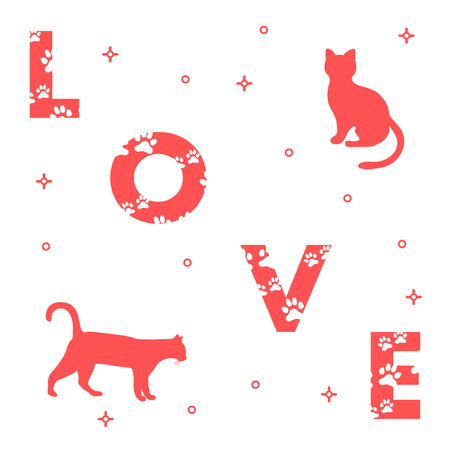 Word: Love. The message is decorated with traces of a cat. Template for design, print.のイラスト素材