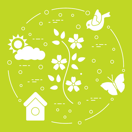 Sun, cloud, bird, flower, butterfly, birdhouse. Spring theme. Template for design, print. Vector illustration.のイラスト素材