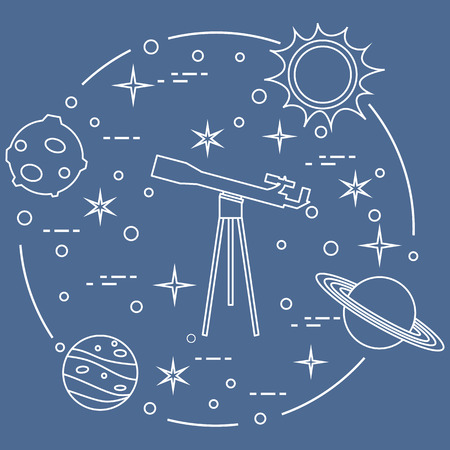 Science: telescope, sun, moon, planets, stars. Space exploration. Astronomy.のイラスト素材
