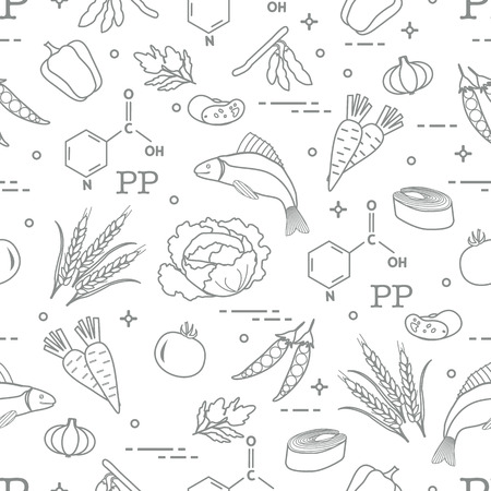 Seamless pattern with foods rich in vitamin. Beans, fish, tomato, soya beans, peas, garlic, wheat, carrots, spinach, cabbage and pepper.のイラスト素材