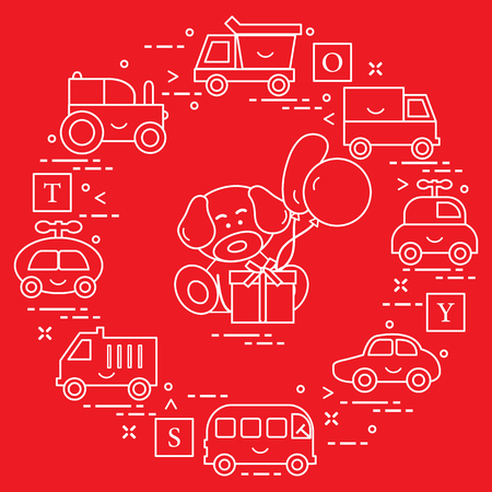 Toy icons: Baby cars, trucks, bus, tractor, cubes, puppy, gift, balloons. Design for poster or print.のイラスト素材