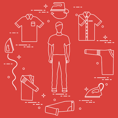 Silhouette of a man, irons and different clothes. Design for banner and print.のイラスト素材