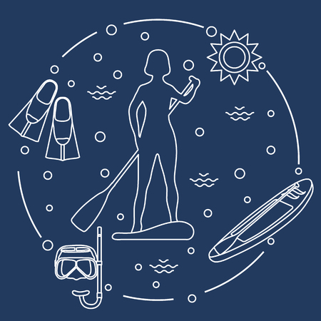 Woman paddling a stand up paddle board, mask, snorkel, flippers, sun, boat, paddle. Sports and recreation theme.のイラスト素材